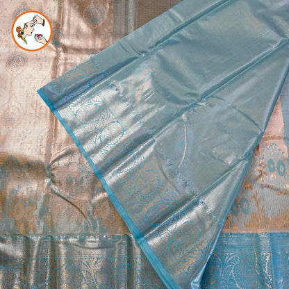 Silver with Sky Blue border Kanchipuram Tissue Silk Saree
