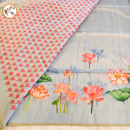 Bluish Grey Lotus Floral Theme Tussar Silk Saree Vivahasilks