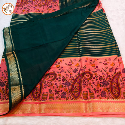 Dark Green & Peach designer semi Mysore Silk Saree