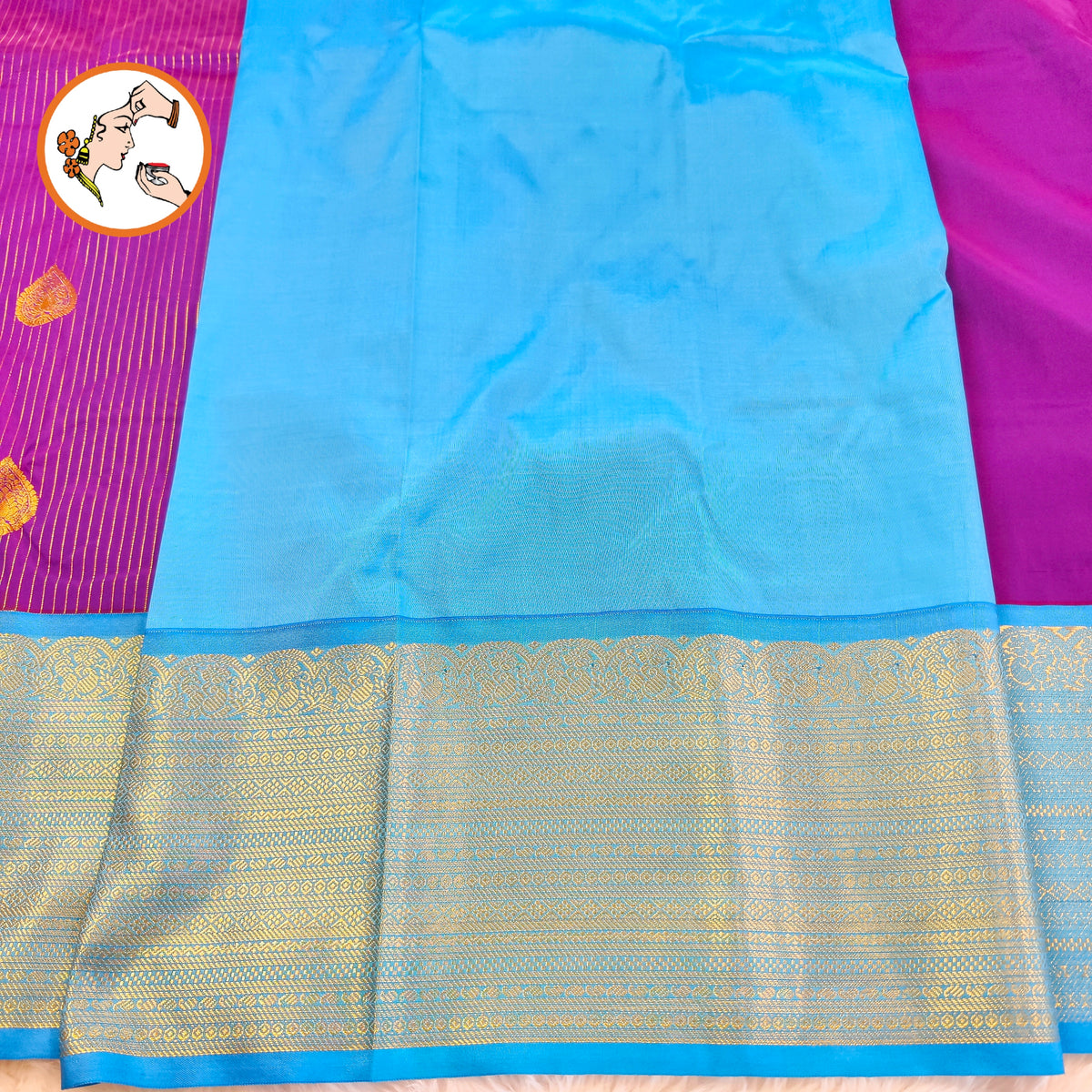 Purple with Sky Blue border Gold zari vertical stripes & teardrop motif Kanchipuram Semi Silk Saree