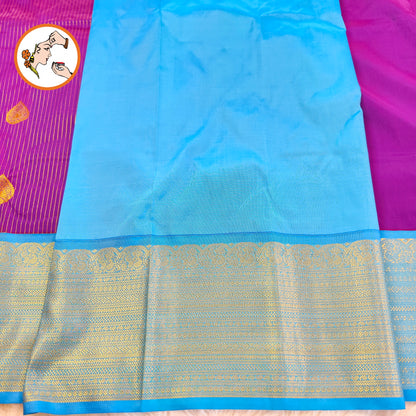 Purple with Sky Blue border Gold zari vertical stripes & teardrop motif Kanchipuram Semi Silk Saree