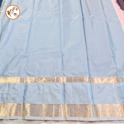 Teal Blue Peacock border Vairoosi stripes Kanchipuram Semi Silk Saree