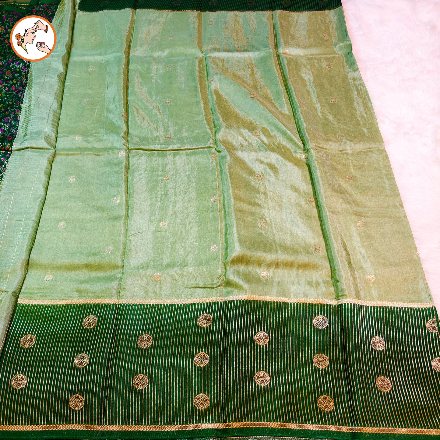 Light Green Fancy Soft Silk Saree with Dark Green vertical stripes border