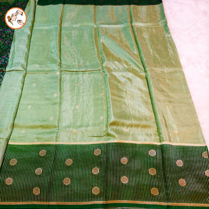 Light Green Fancy Soft Silk Saree with Dark Green vertical stripes border