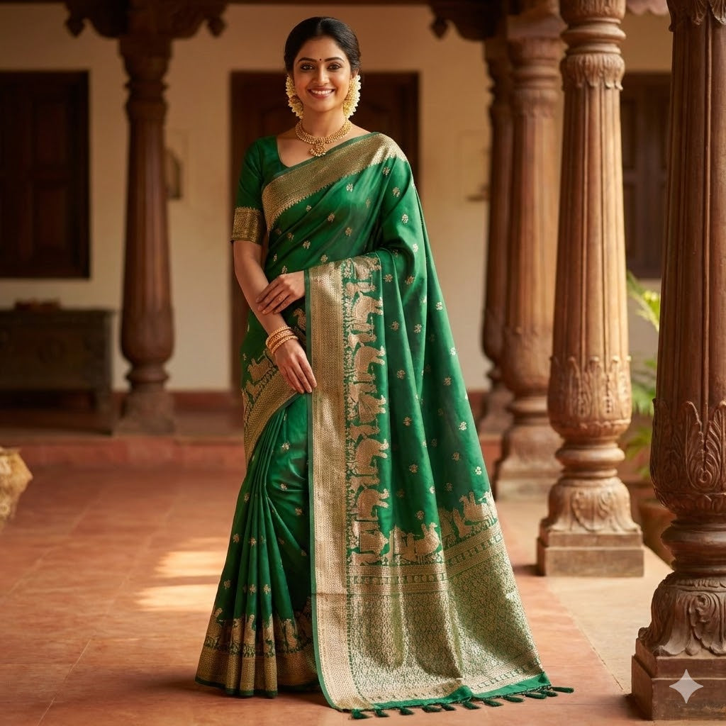 Dark Green Pallakku Banarasi Soft Silk Saree