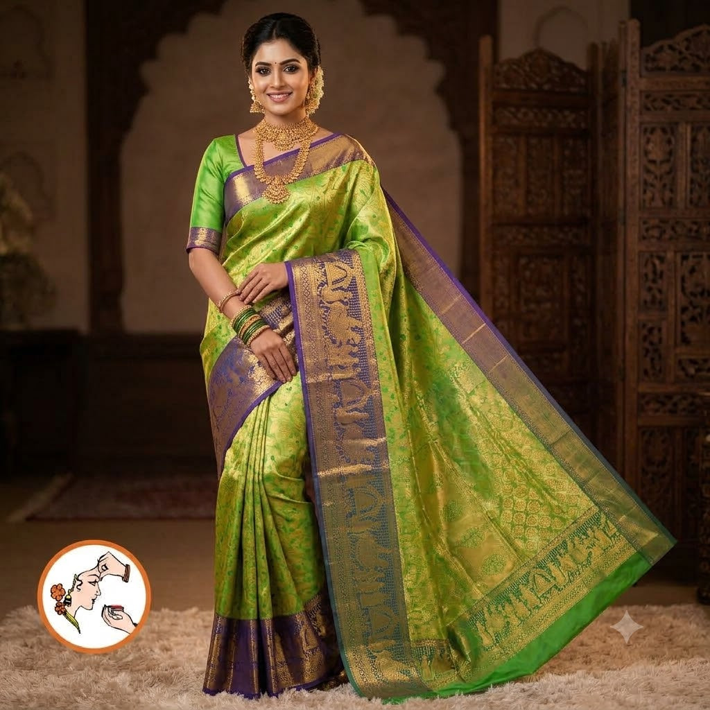 Green with Peacock Blue Pallakku border gold zari weaving Kanchipuram Bridal High Tissue Silk Saree