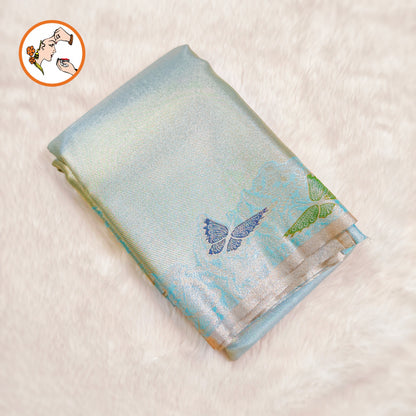 Pastel Sky Blue Silver zari Kanchipuram High Tissue Bridal Silk Saree with butterfly border & meenakari weaving motif