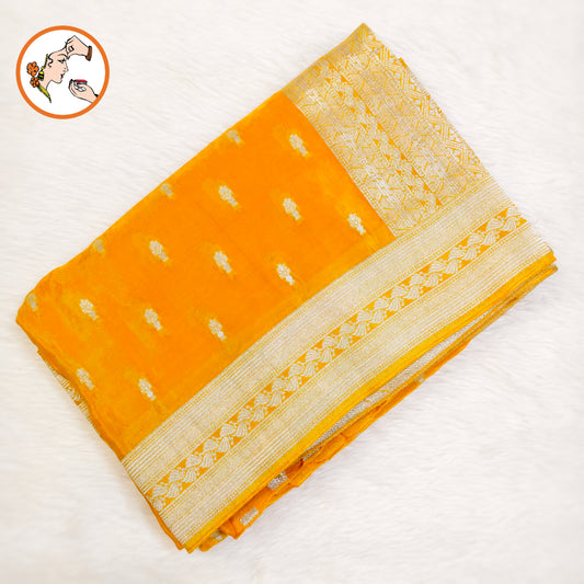 Golden Yellow Silver zari soft light weight Banarasi Silk Partywear Saree