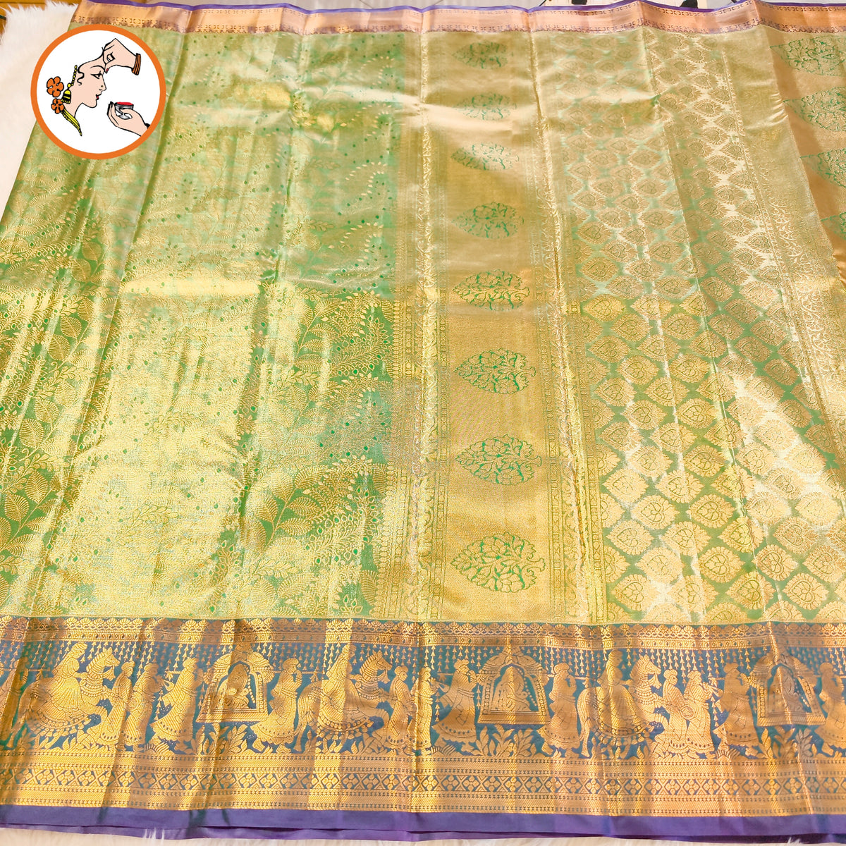 Green with Peacock Blue Pallakku border gold zari weaving Kanchipuram Bridal High Tissue Silk Saree