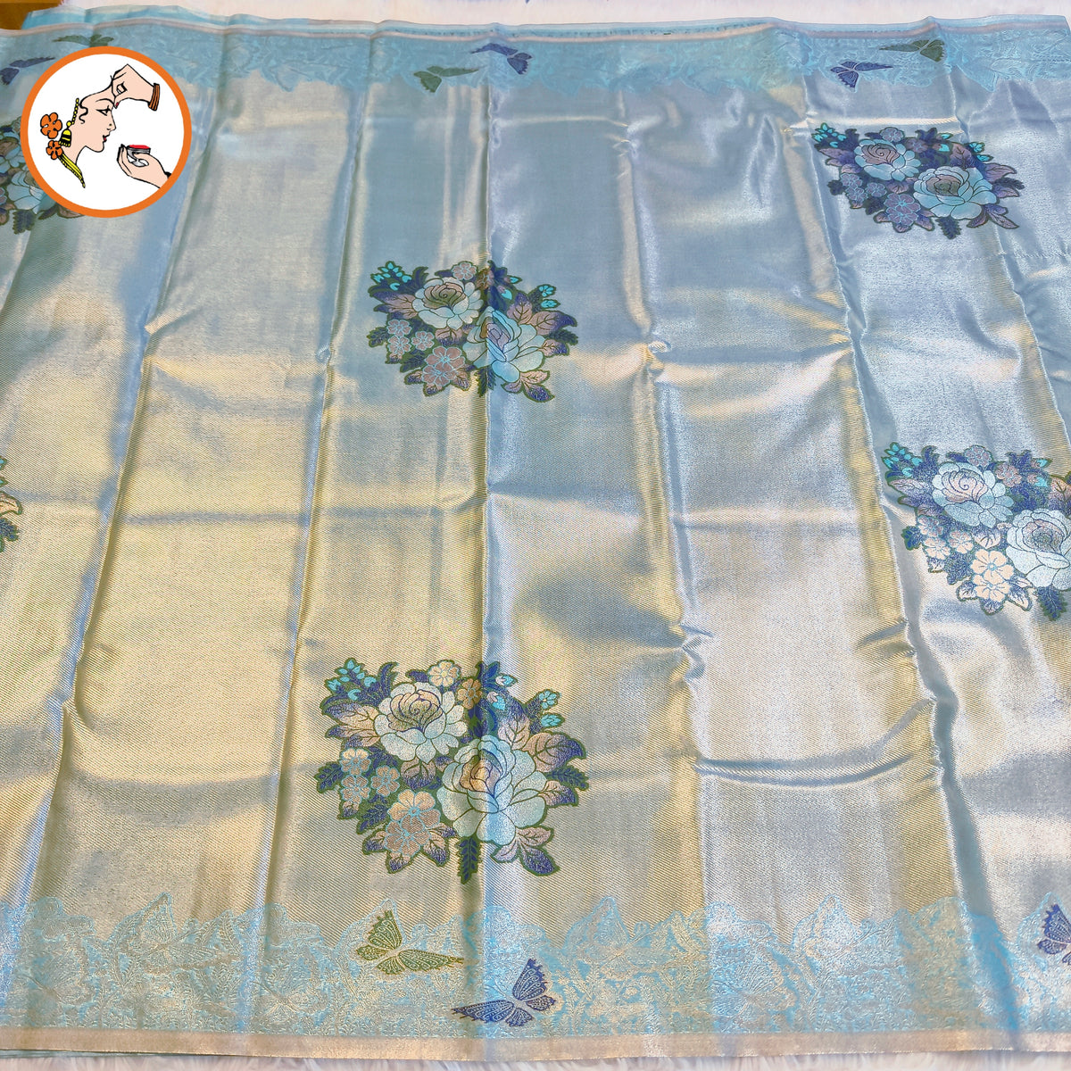 Pastel Sky Blue Silver zari Kanchipuram High Tissue Bridal Silk Saree with butterfly border & meenakari weaving motif