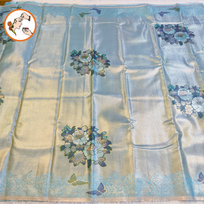 Pastel Sky Blue Silver zari Kanchipuram High Tissue Bridal Silk Saree with butterfly border & meenakari weaving motif