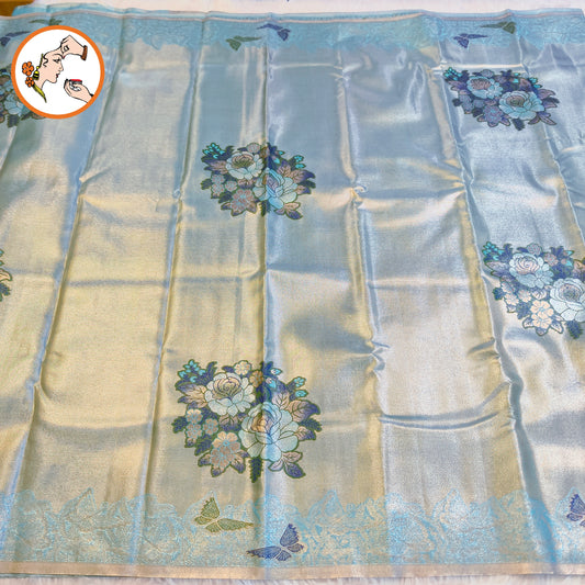 Pastel Sky Blue Silver zari Kanchipuram High Tissue Bridal Silk Saree with butterfly border & meenakari weaving motif