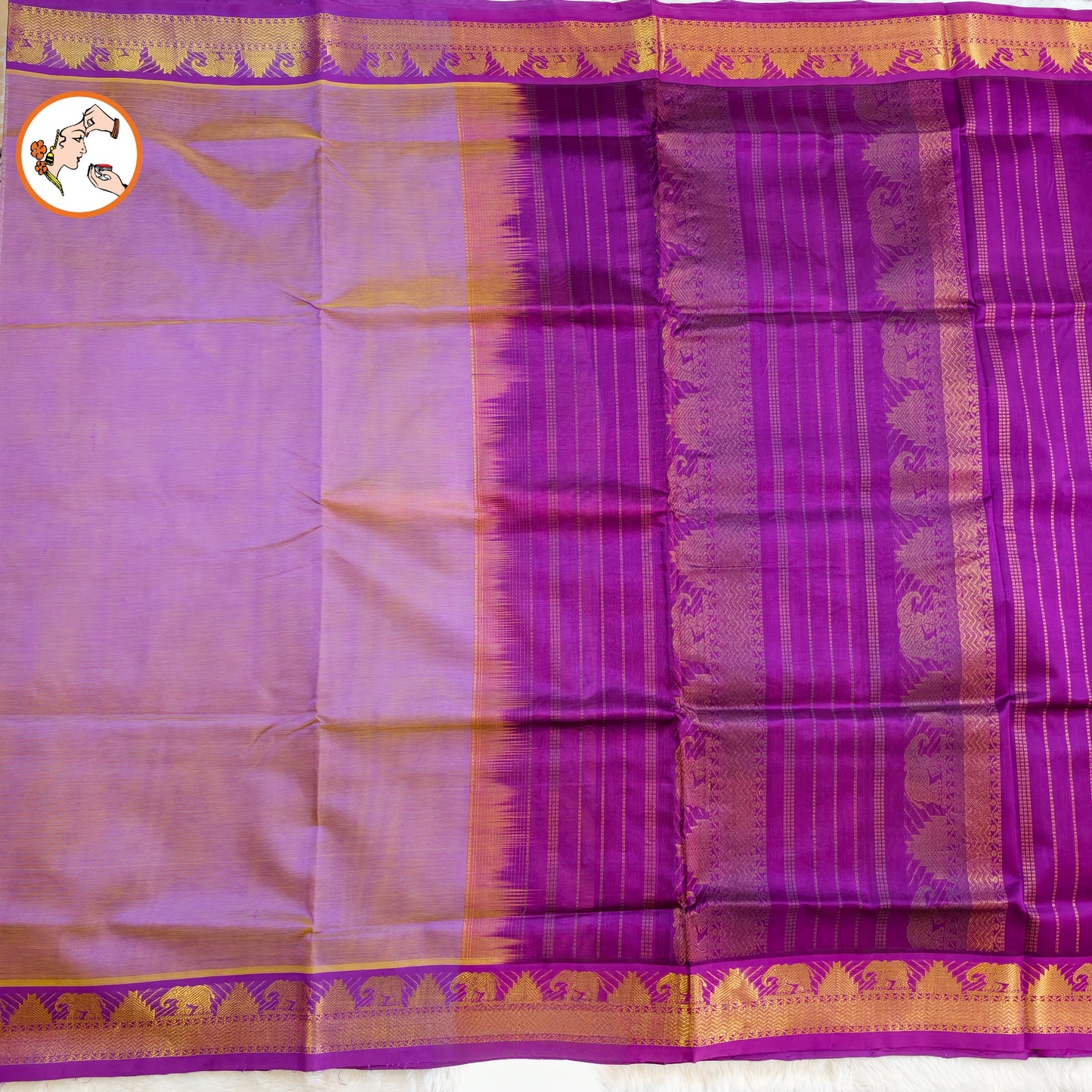 Lavender with Purple elephant & temple border Traditional Pure Silk Cotton Saree