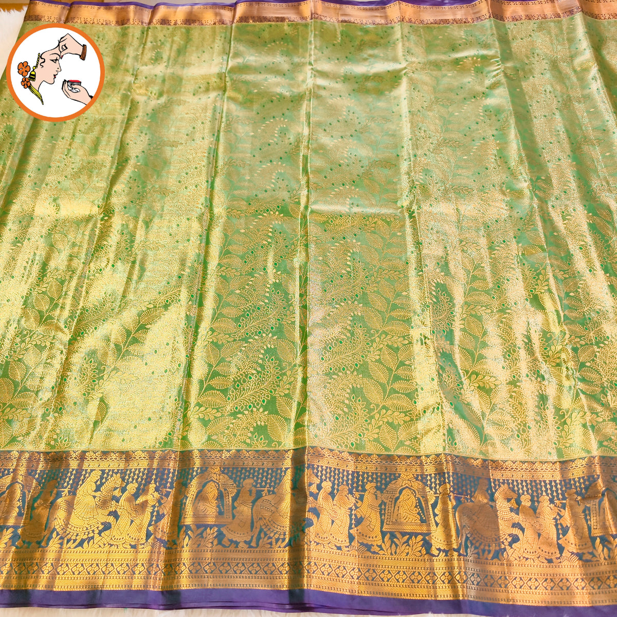 Green with Peacock Blue Pallakku border gold zari weaving Kanchipuram Bridal High Tissue Silk Saree