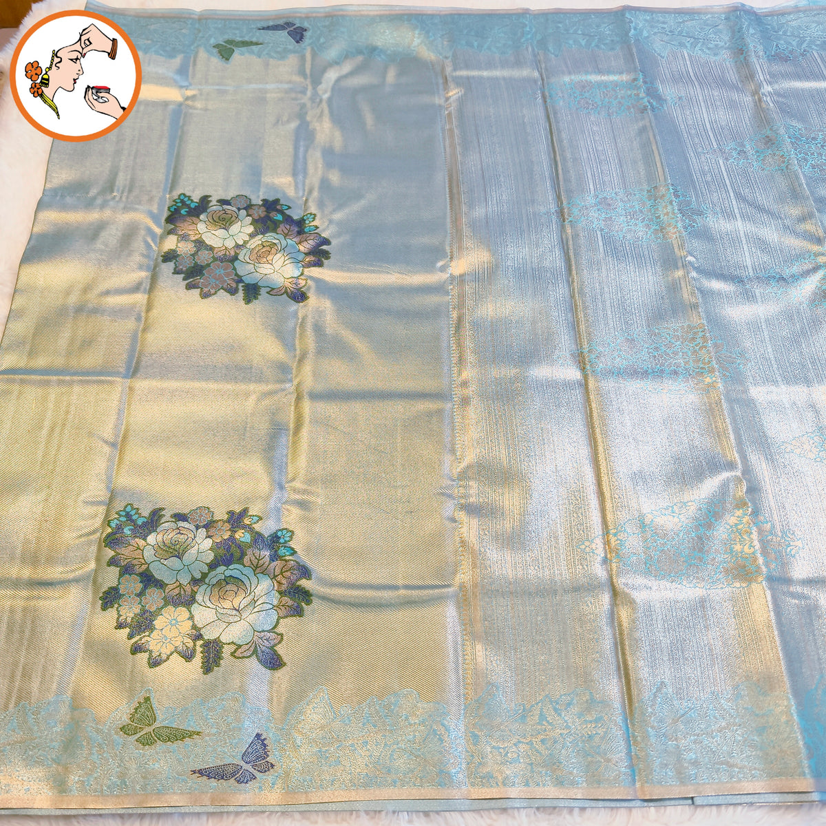 Pastel Sky Blue Silver zari Kanchipuram High Tissue Bridal Silk Saree with butterfly border & meenakari weaving motif