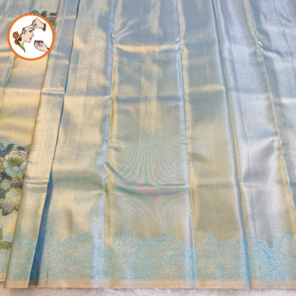 Pastel Sky Blue Silver zari Kanchipuram High Tissue Bridal Silk Saree with butterfly border & meenakari weaving motif