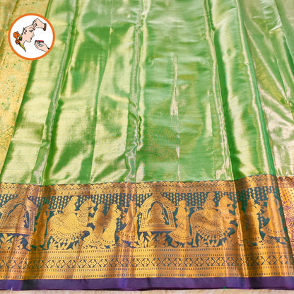 Green with Peacock Blue Pallakku border gold zari weaving Kanchipuram Bridal High Tissue Silk Saree