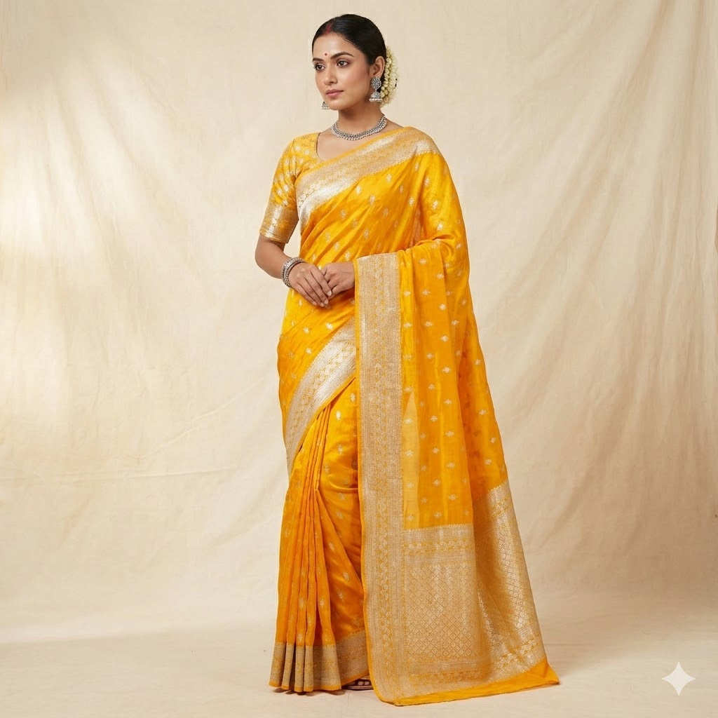 Golden Yellow Silver zari soft light weight Banarasi Silk Partywear Saree