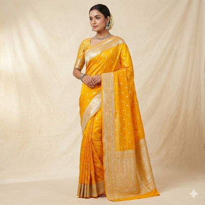 Golden Yellow Silver zari soft light weight Banarasi Silk Partywear Saree