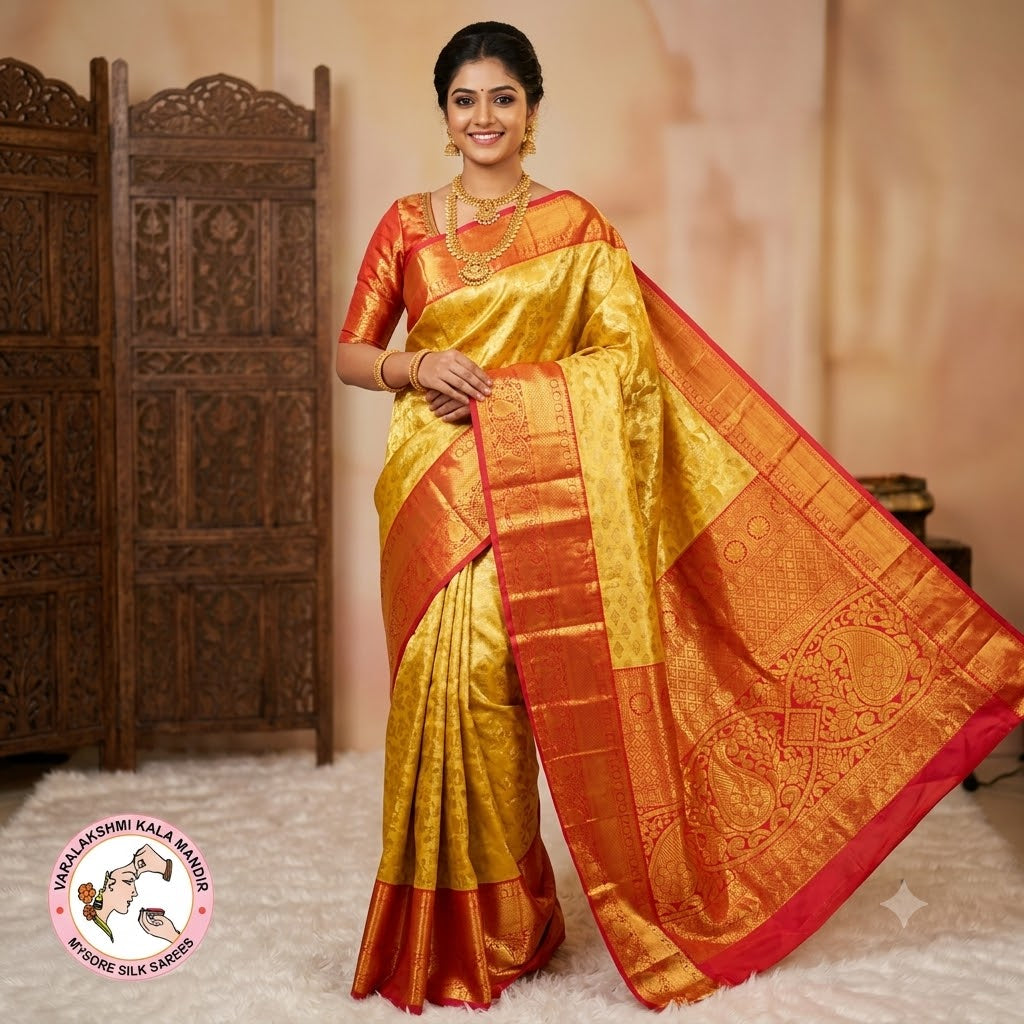 Gold with Maroon border intricate Vanasingaram Gold zari weaving Kanhipuram High Tissue Silk Saree