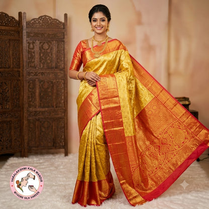 Gold with Maroon border intricate Vanasingaram Gold zari weaving Kanhipuram High Tissue Silk Saree