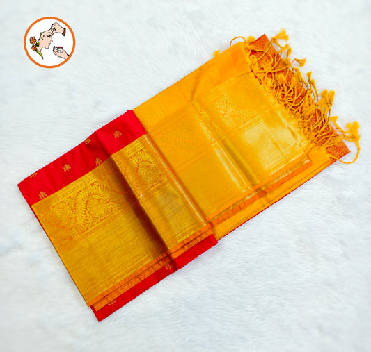 Red with Yellow border Traditional Kanchipuram Soft Silk Saree