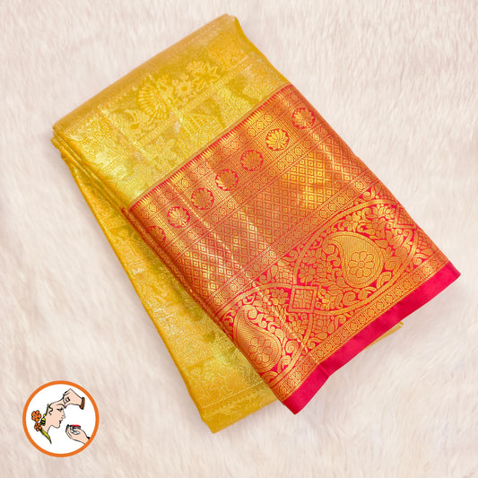 Gold with Maroon border intricate Vanasingaram Gold zari weaving Kanhipuram High Tissue Silk Saree
