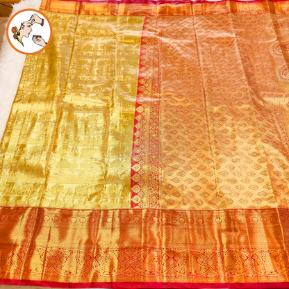 Gold with Maroon border intricate Vanasingaram Gold zari weaving Kanhipuram High Tissue Silk Saree