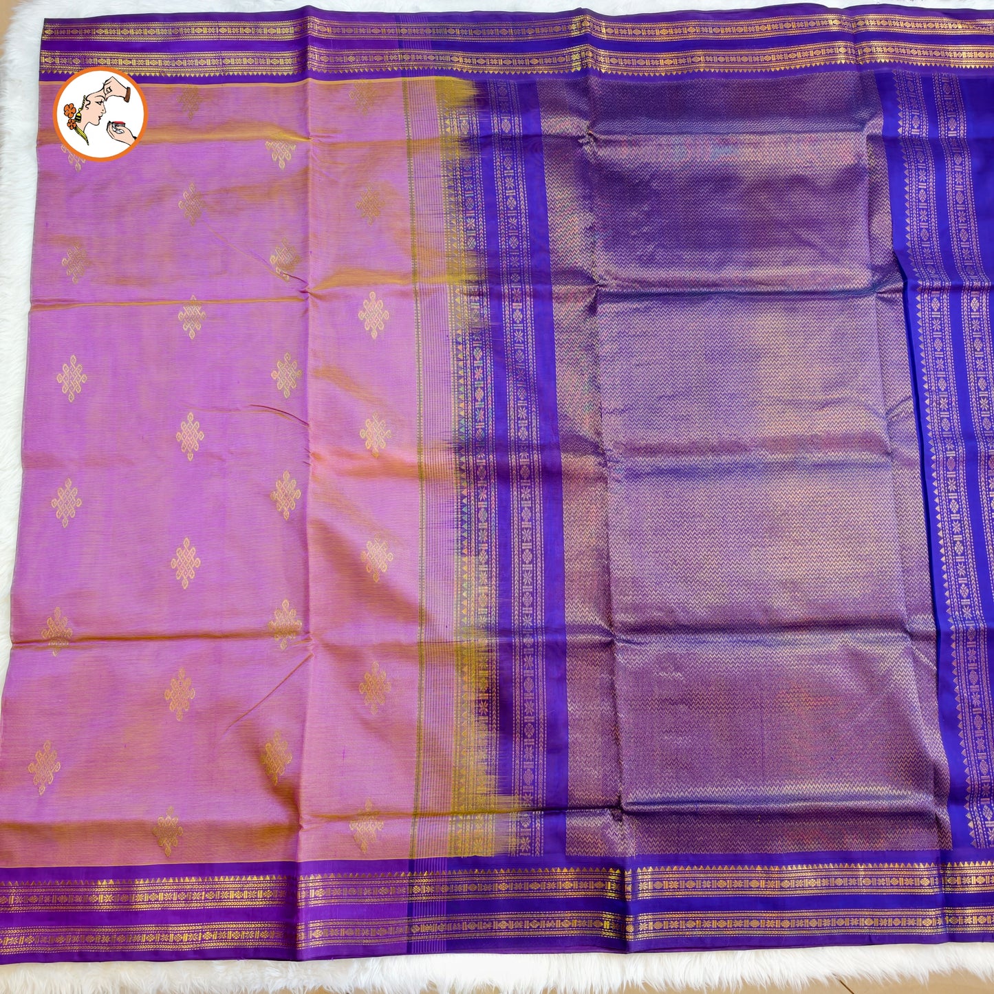 Lavender with Violet border Kolam motif Traditional Pure Silk Cotton Saree