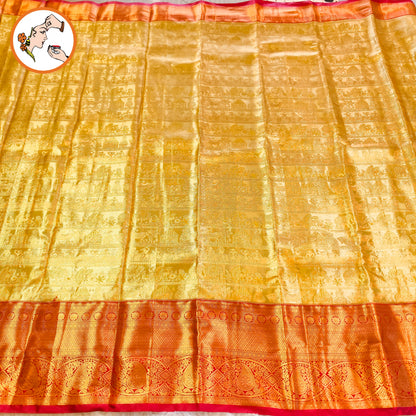 Gold with Maroon border intricate Vanasingaram Gold zari weaving Kanhipuram High Tissue Silk Saree