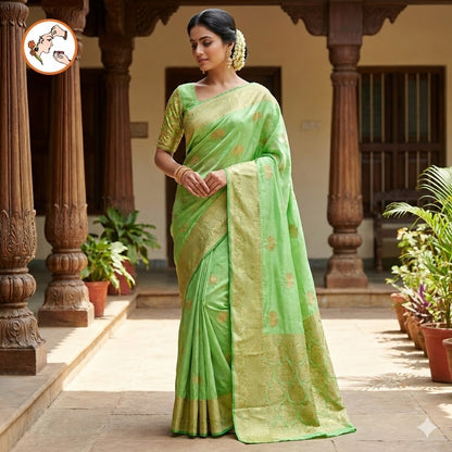 Pastel Green Antique zari Soft Light weight Banarasi Silk Partywear Saree