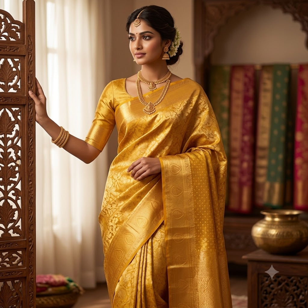 Gold Kanchipuram MIx Bridal High Tissue Silk Saree with Floral butta