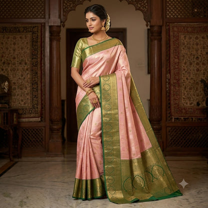 Light Pink with Dark Green border Silver zari weaving Kanchipuram High Tissue Silk Saree