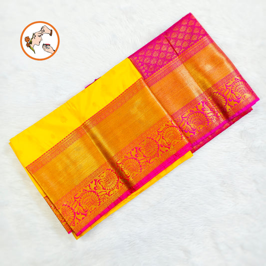 Yellow with Pink border Traditional Kanchipuram Soft Silk Saree