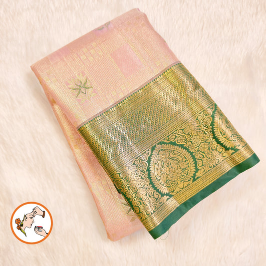 Light Pink with Dark Green border Silver zari weaving Kanchipuram High Tissue Silk Saree