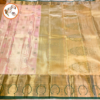 Light Pink with Dark Green border Silver zari weaving Kanchipuram High Tissue Silk Saree