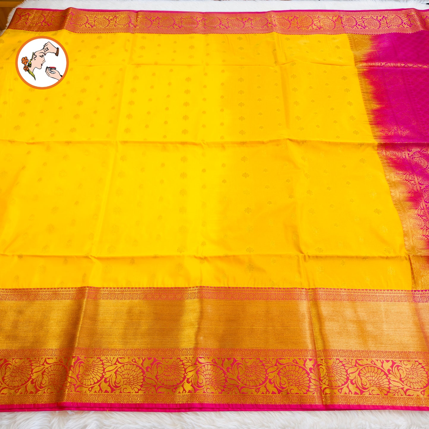 Yellow with Pink border Traditional Kanchipuram Soft Silk Saree