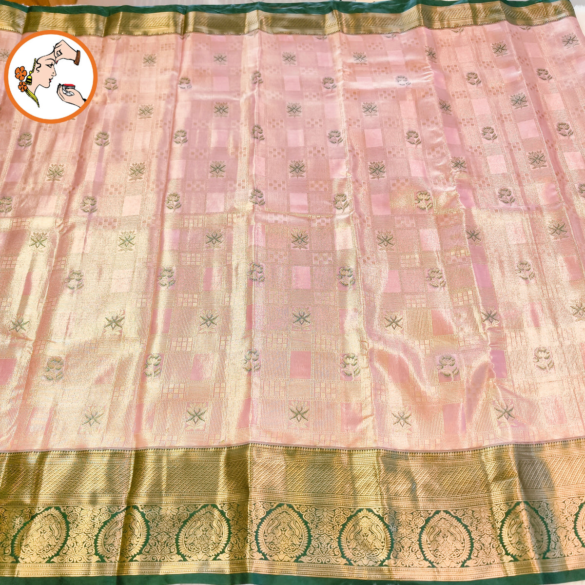 Light Pink with Dark Green border Silver zari weaving Kanchipuram High Tissue Silk Saree