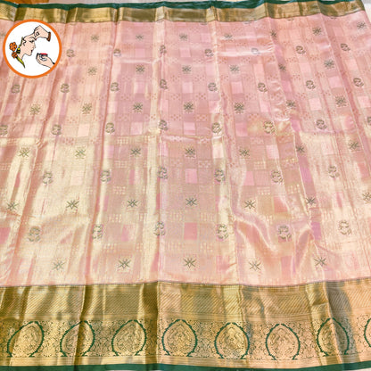 Light Pink with Dark Green border Silver zari weaving Kanchipuram High Tissue Silk Saree