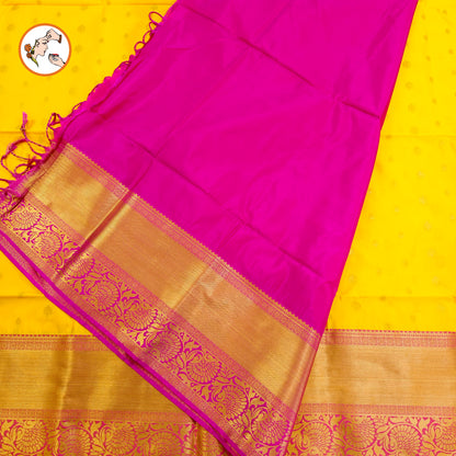 Yellow with Pink border Traditional Kanchipuram Soft Silk Saree