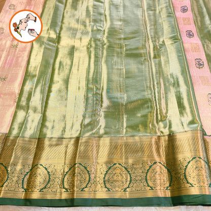 Light Pink with Dark Green border Silver zari weaving Kanchipuram High Tissue Silk Saree