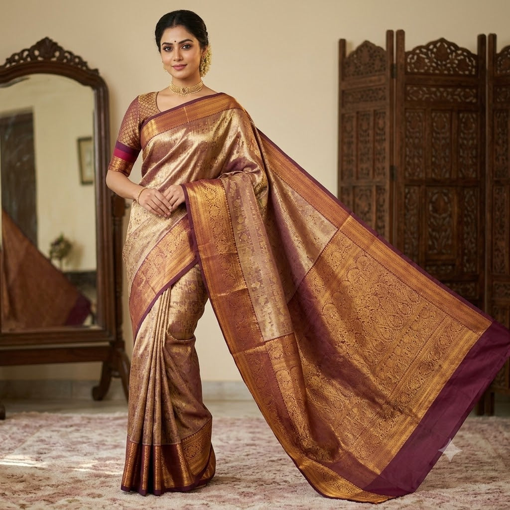 Coffee Brown (Arakku) colour Gold zari Kanchipuram High Tissue Bridal Silk Saree