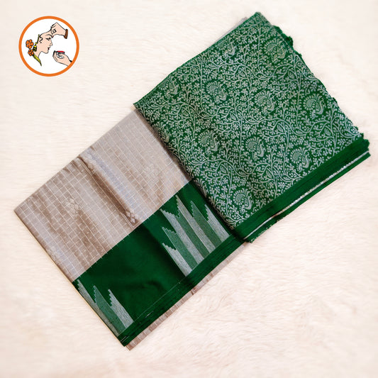 Grey with Dark Green Temple border Silver zari Kanchipuram Soft Silk Saree