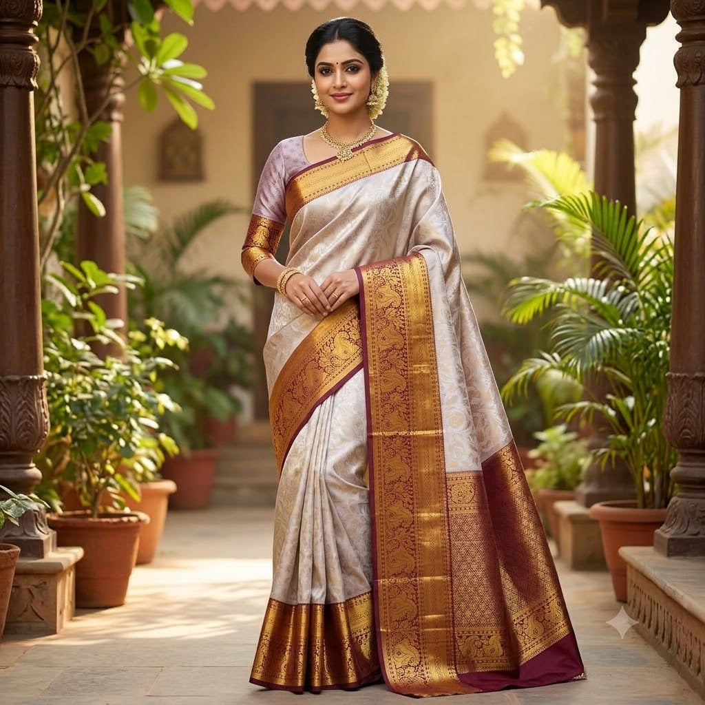 Off white with Dark brown border Gold zari Kanchipuram High Tissue Silk Saree