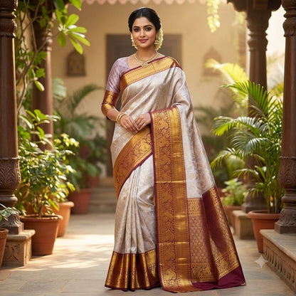 Off white with Dark brown border Gold zari Kanchipuram High Tissue Silk Saree