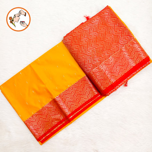 Yellow with Orange Fancy border Kanchipuram Soft Silk Saree