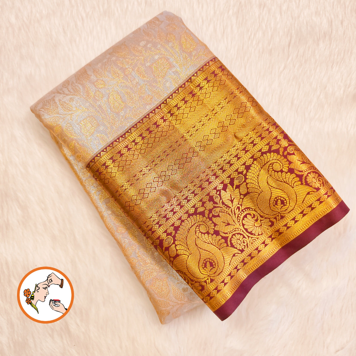 Off white with Dark brown border Gold zari Kanchipuram High Tissue Silk Saree