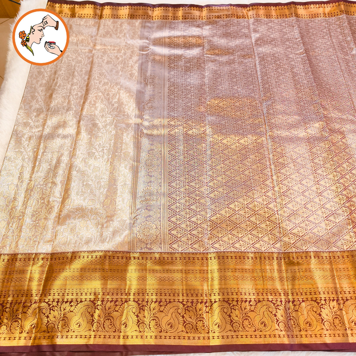 Off white with Dark brown border Gold zari Kanchipuram High Tissue Silk Saree