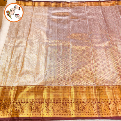Off white with Dark brown border Gold zari Kanchipuram High Tissue Silk Saree