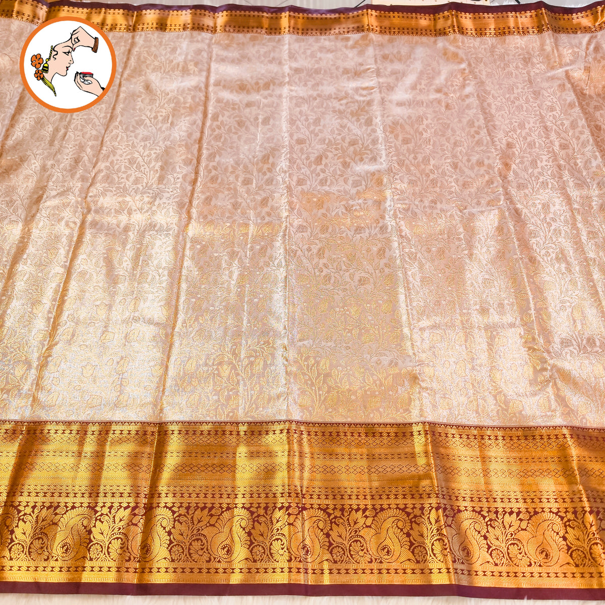Off white with Dark brown border Gold zari Kanchipuram High Tissue Silk Saree